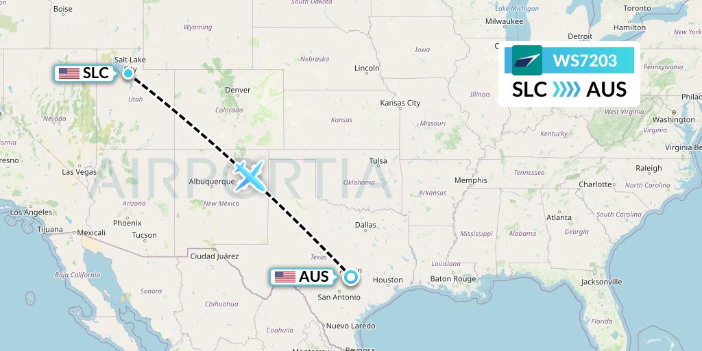 WS7203 WestJet Flight Map: Salt Lake City to Austin