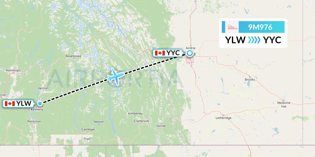 9M976 Central Mountain Air Flight Map: Kelowna to Calgary
