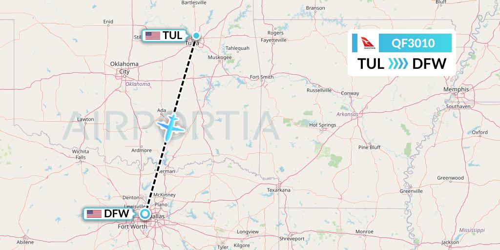 QF3010 Qantas Flight Map: Tulsa to Dallas