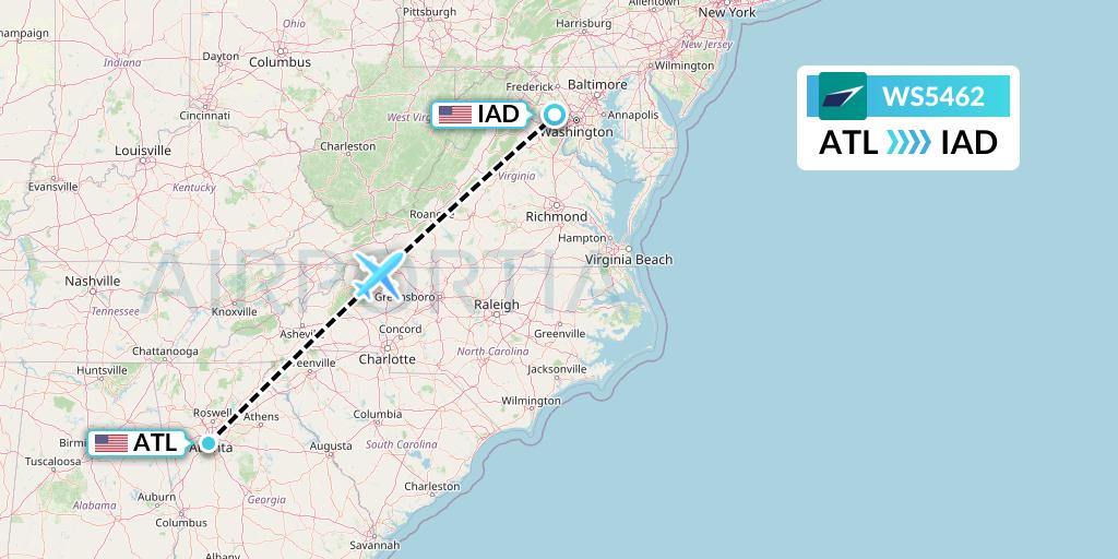 WS5462 WestJet Flight Map: Atlanta to Washington
