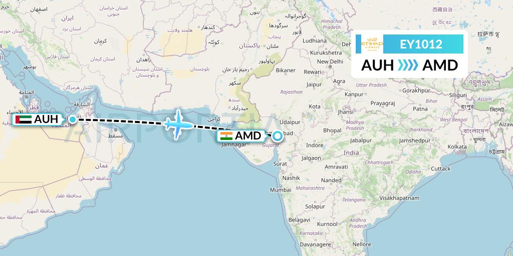 EY1012 Etihad Airways Flight Map: Abu Dhabi to Ahmedabad