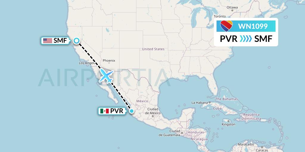 WN1099 Southwest Airlines Flight Map: Puerto Vallarta to Sacramento