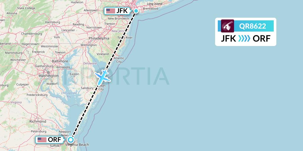 QR8622 Qatar Airways Flight Map: New York to Norfolk