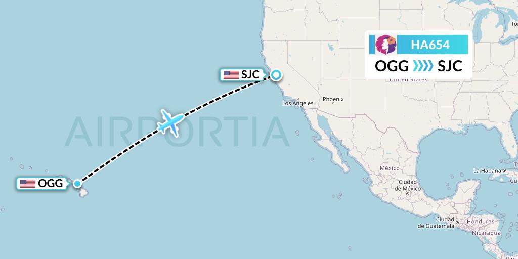 HA654 Hawaiian Airlines Flight Map: Kahului to San Jose