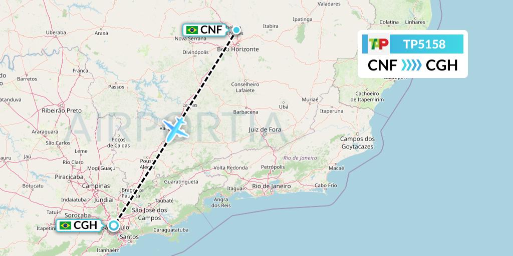 TP5158 TAP Portugal Flight Map: Belo Horizonte to Sao Paulo