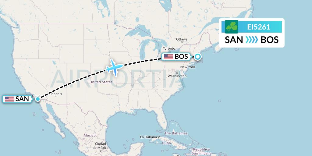 EI5261 Aer Lingus Flight Map: San Diego to Boston
