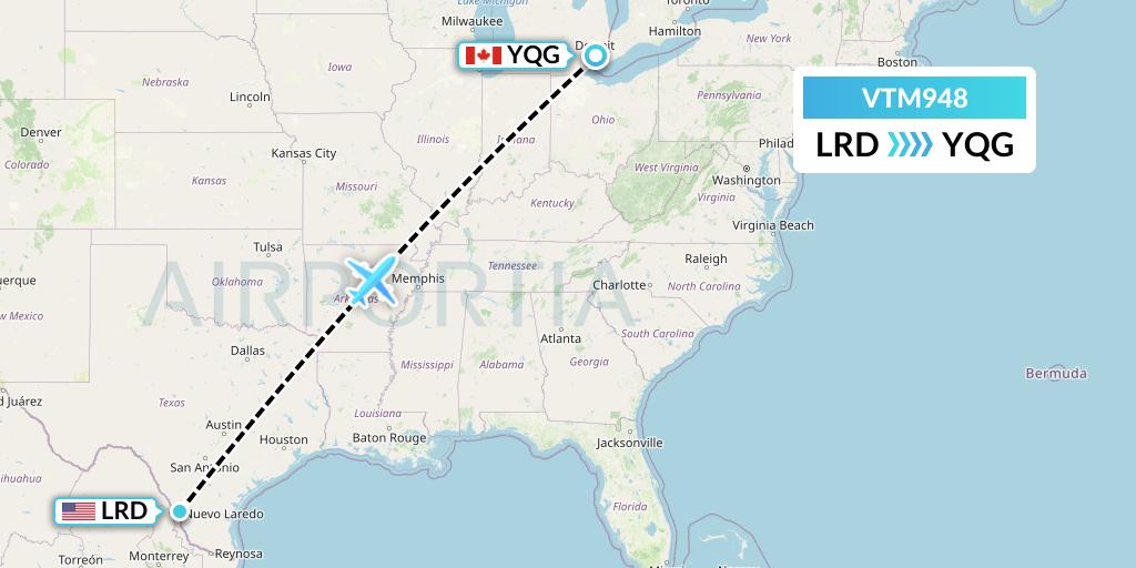 VTM948 Aeronaves TSM Flight Map: Laredo to Windsor