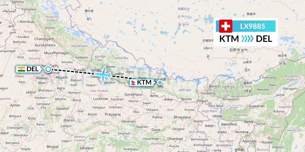 LX9885 Swiss Flight Map: Kathmandu to Delhi