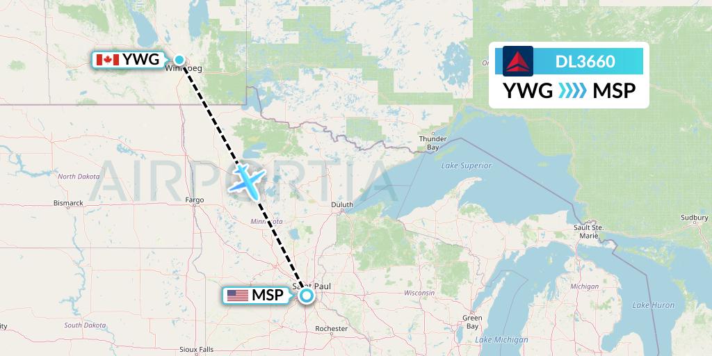 DL3660 Delta Air Lines Flight Map: Winnipeg to Minneapolis