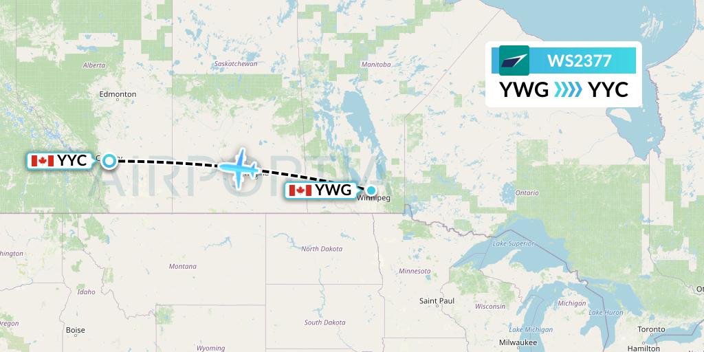 WS2377 WestJet Flight Map: Winnipeg to Calgary