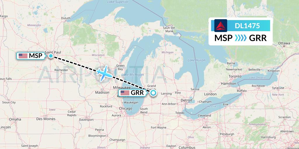 DL1475 Delta Air Lines Flight Map: Minneapolis to Grand Rapids
