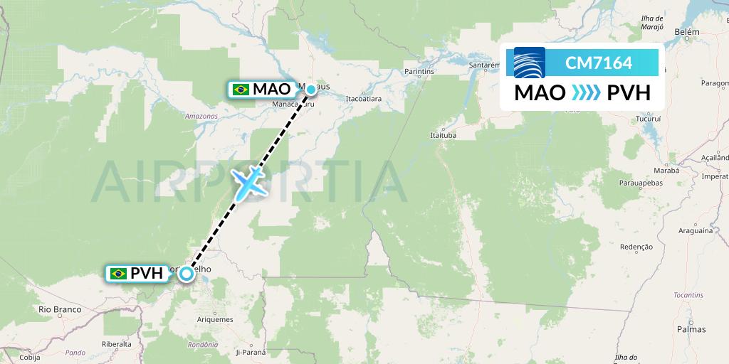 CM7164 Copa Airlines Flight Map: Manaus to Porto Velho