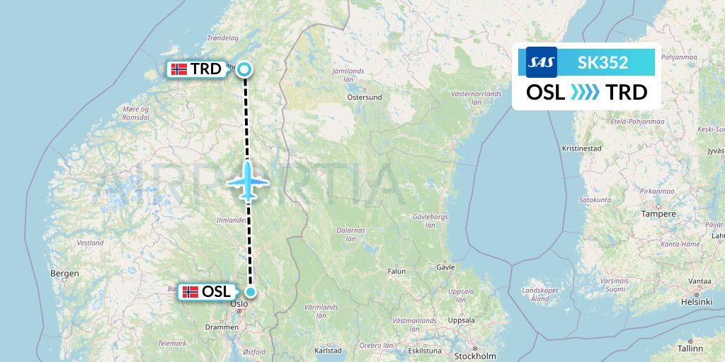 SK352 SAS Flight Map: Oslo to Trondheim
