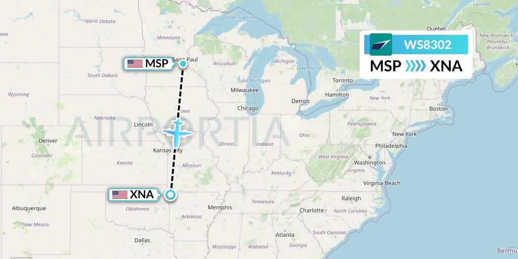 WS8302 WestJet Flight Map: Minneapolis to Bentonville