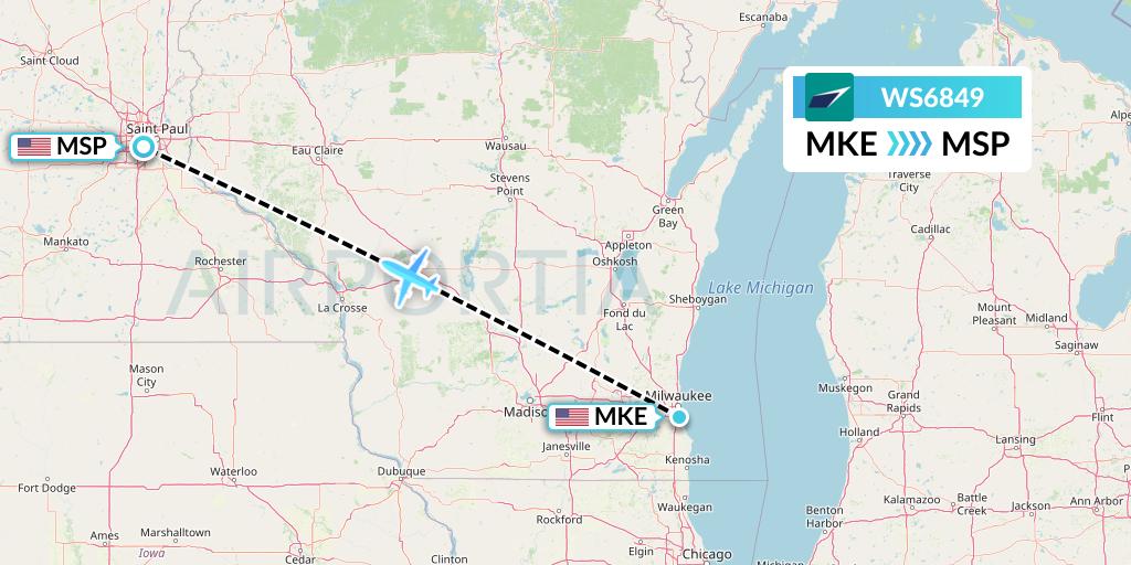 WS6849 WestJet Flight Map: Milwaukee to Minneapolis