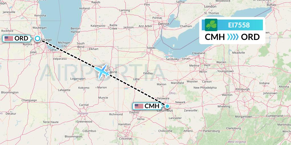 EI7558 Aer Lingus Flight Map: Columbus to Chicago