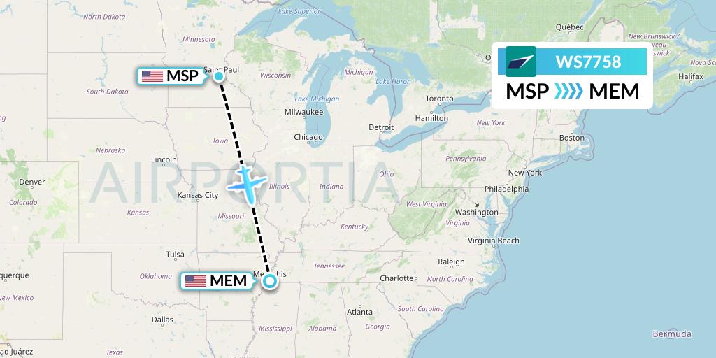 WS7758 WestJet Flight Map: Minneapolis to Memphis
