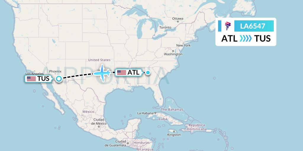 LA6547 LAN Airlines Flight Map: Atlanta to Tucson