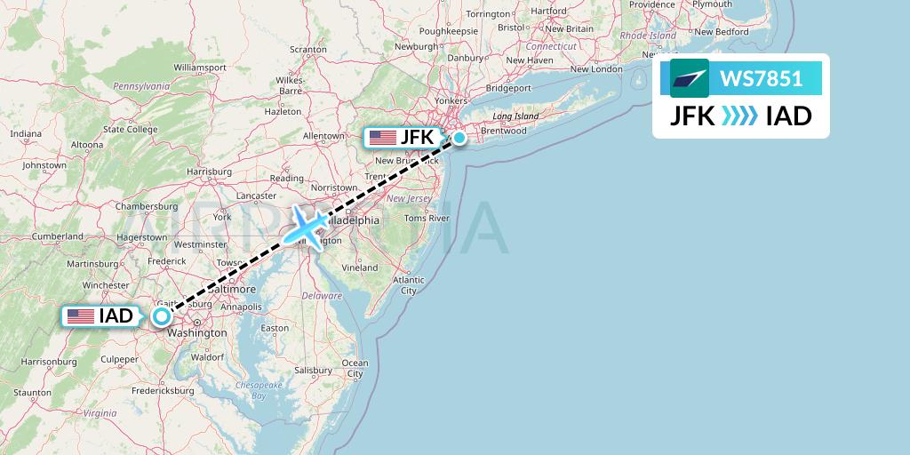 WS7851 WestJet Flight Map: New York to Washington