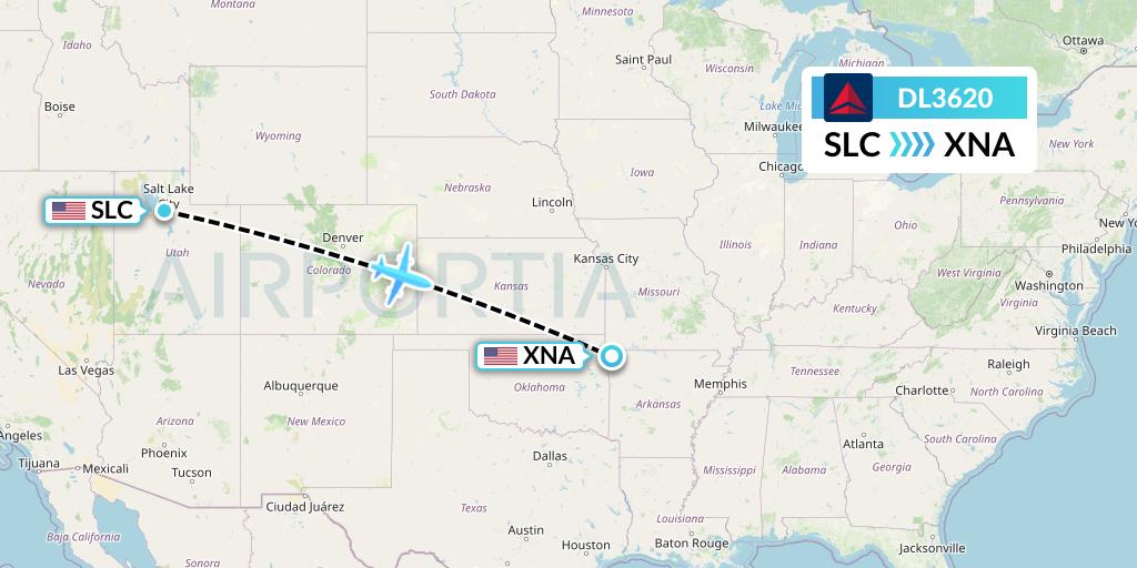 DL3620 Delta Air Lines Flight Map: Salt Lake City to Bentonville