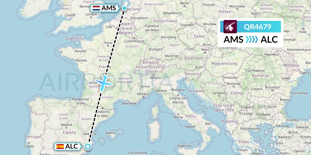 QR4679 Qatar Airways Flight Map: Amsterdam to Alicante