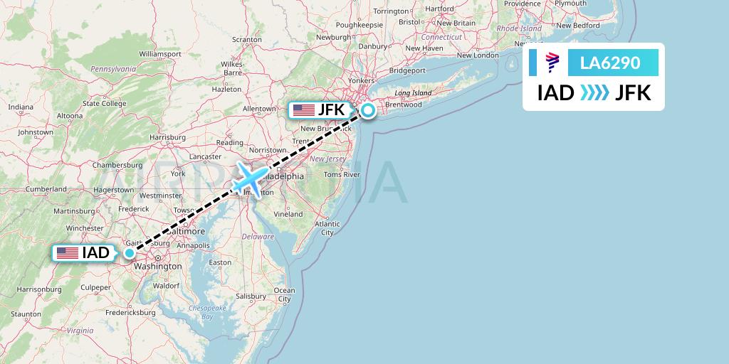 LA6290 LAN Airlines Flight Map: Washington to New York