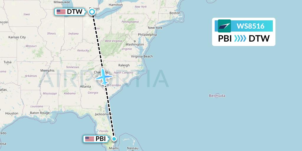 WS8516 WestJet Flight Map: West Palm Beach to Detroit