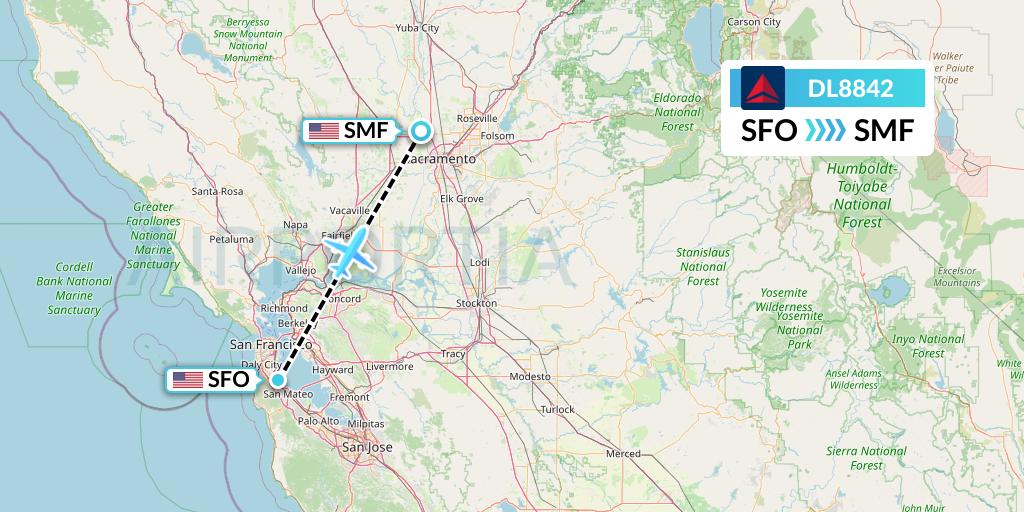 DL8842 Delta Air Lines Flight Map: San Francisco to Sacramento