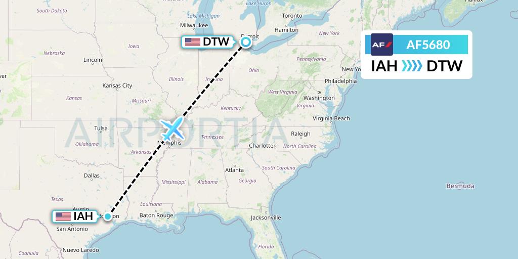 AF5680 Air France Flight Map: Houston to Detroit