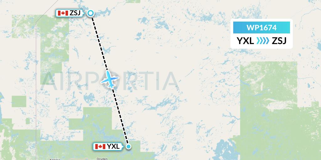 WP1674 Wasaya Airways Lp Flight Map: Sioux Lookout to Sandy Lake