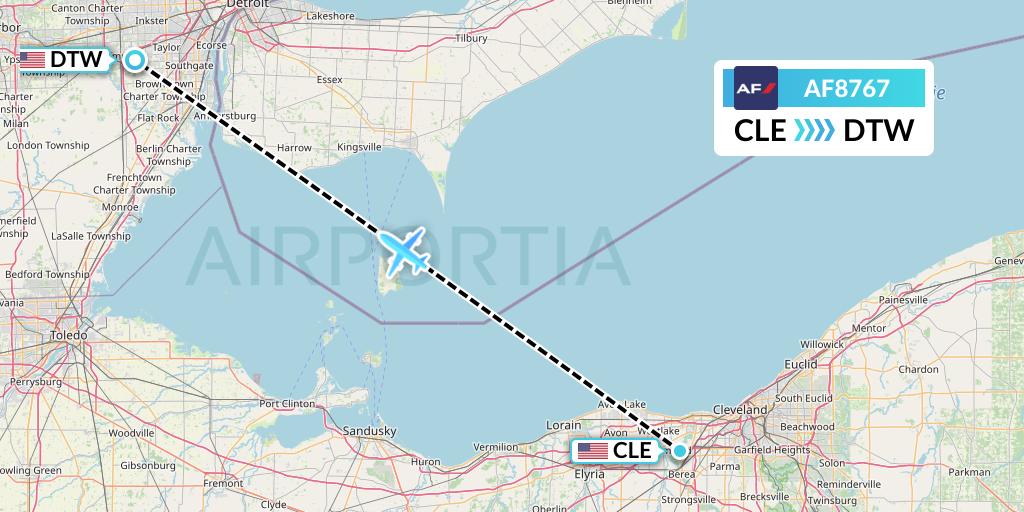 AF8767 Air France Flight Map: Cleveland to Detroit