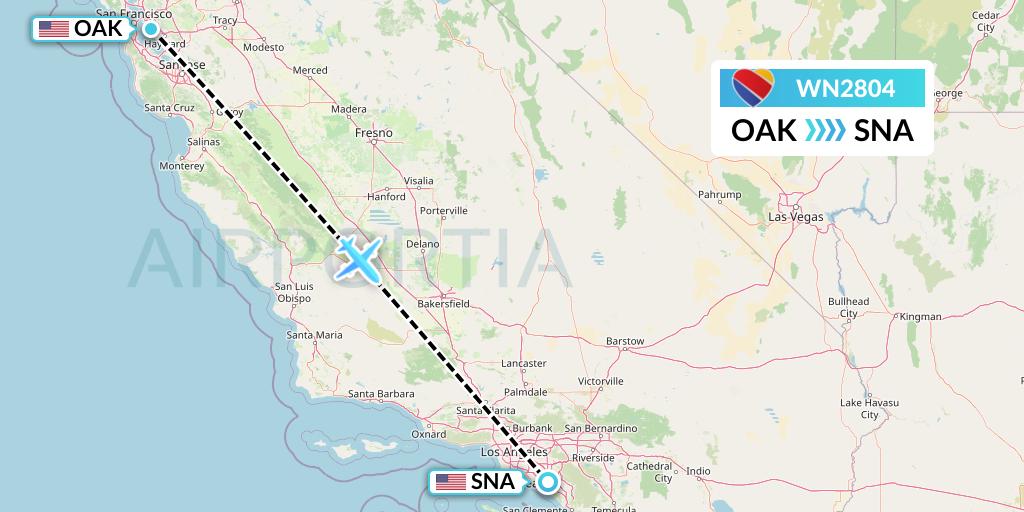 WN2804 Southwest Airlines Flight Map: Oakland to Orange County