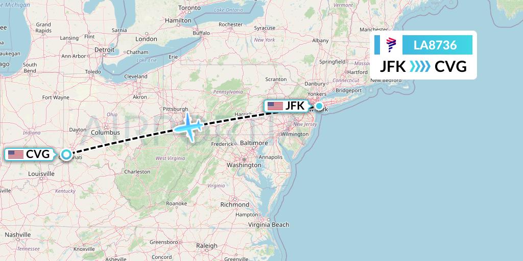 LA8736 LAN Airlines Flight Map: New York to Cincinnati