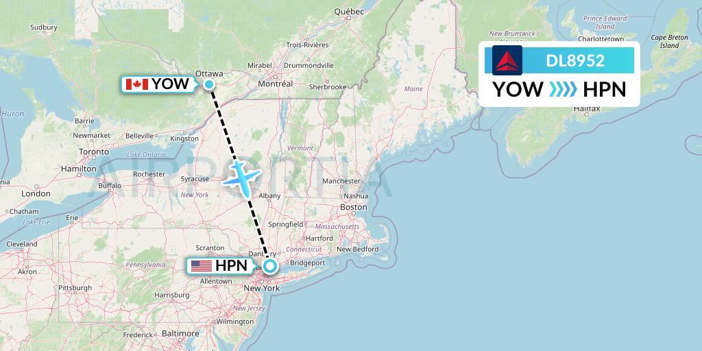 DL8952 Delta Air Lines Flight Map: Ottawa to White Plains