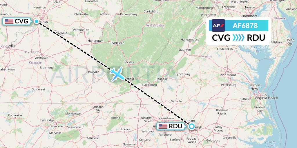 AF6878 Air France Flight Map: Cincinnati to Raleigh-Durham