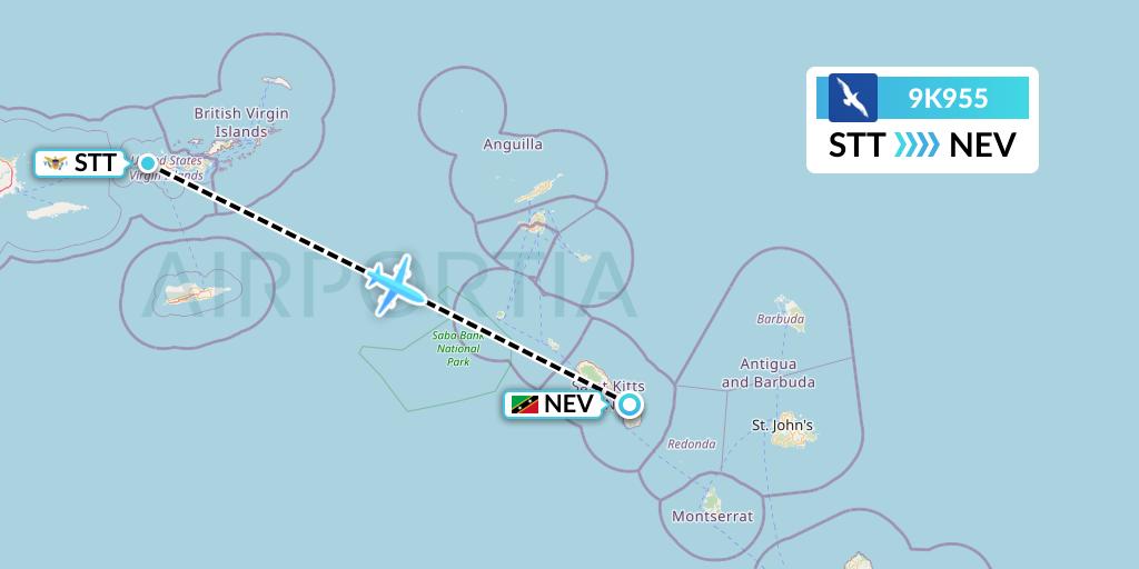 9K955 Cape Air Flight Map: St. Thomas to Nevis