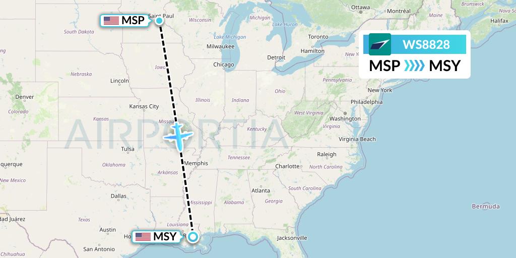 WS8828 WestJet Flight Map: Minneapolis to New Orleans
