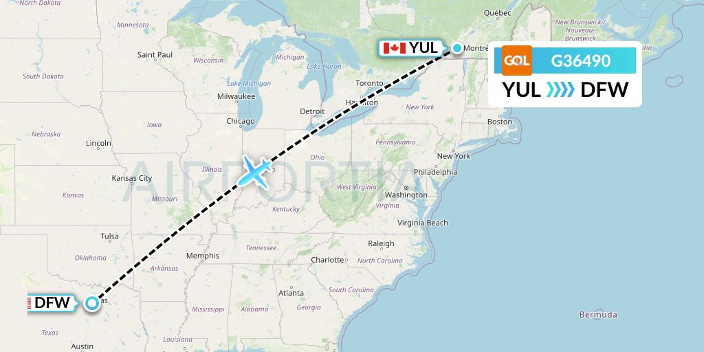 G36490 GOL Transportes Aeros Flight Map: Montreal to Dallas