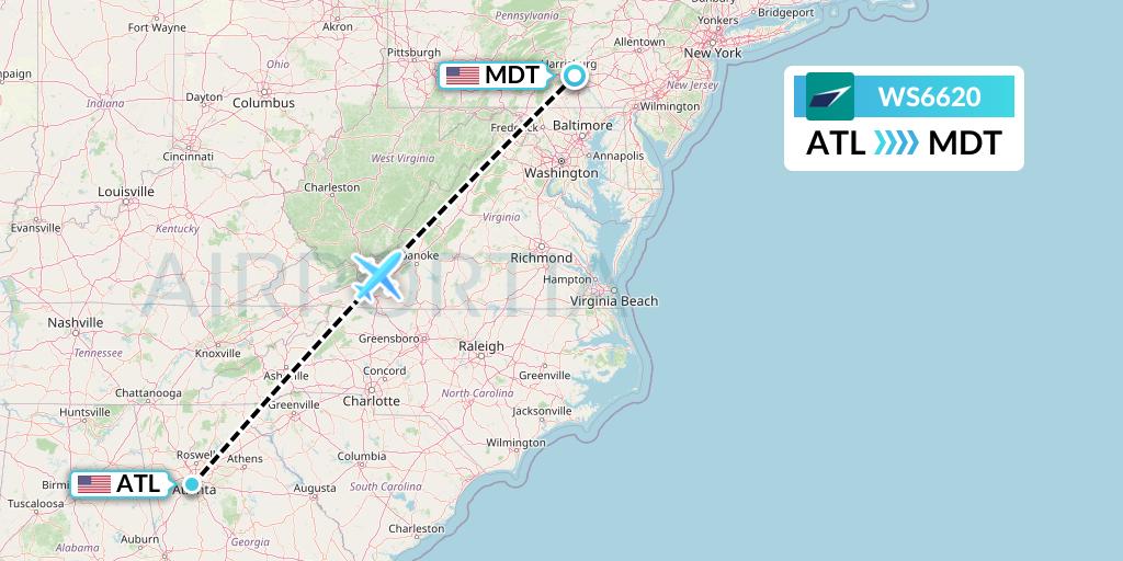 WS6620 WestJet Flight Map: Atlanta to Harrisburg