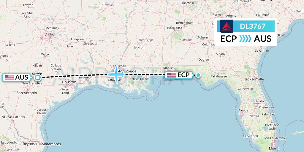 DL3767 Delta Air Lines Flight Map: Panama City to Austin