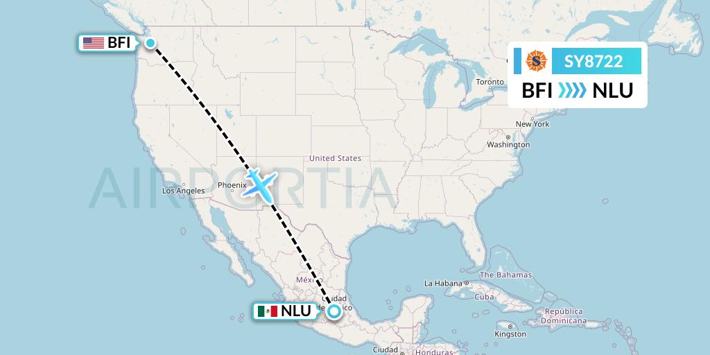 SY8722 Sun Country Airlines Flight Map: Seattle to Reyes Acozac