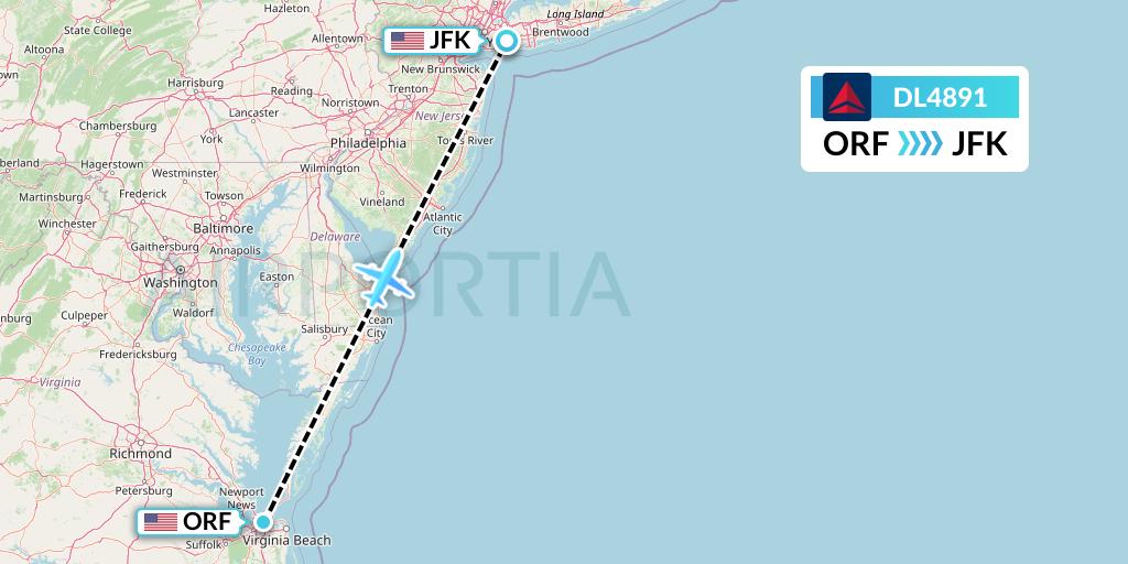 DL4891 Delta Air Lines Flight Map: Norfolk to New York
