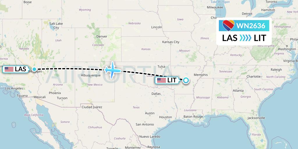WN2636 Southwest Airlines Flight Map: Las Vegas to Little Rock