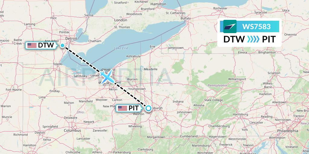 WS7583 WestJet Flight Map: Detroit to Pittsburgh