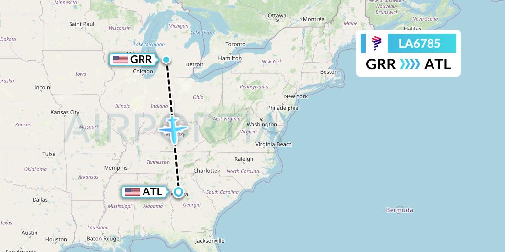 LA6785 LAN Airlines Flight Map: Grand Rapids to Atlanta