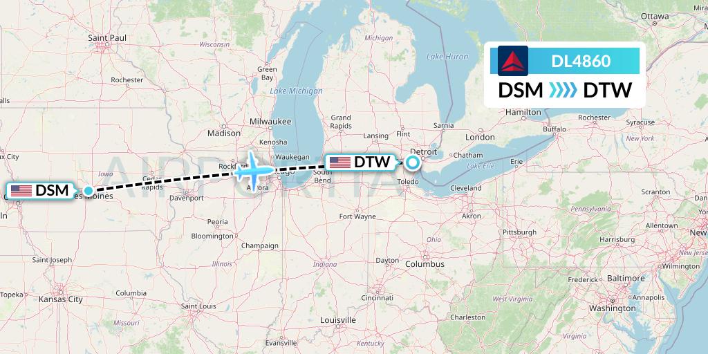 DL4860 Delta Air Lines Flight Map: Des Moines to Detroit
