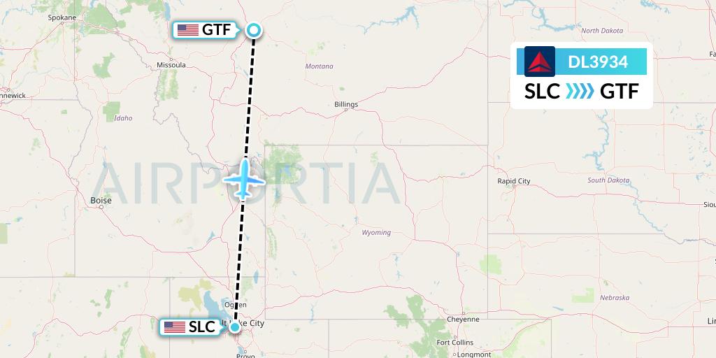 DL3934 Delta Air Lines Flight Map: Salt Lake City to Great Falls
