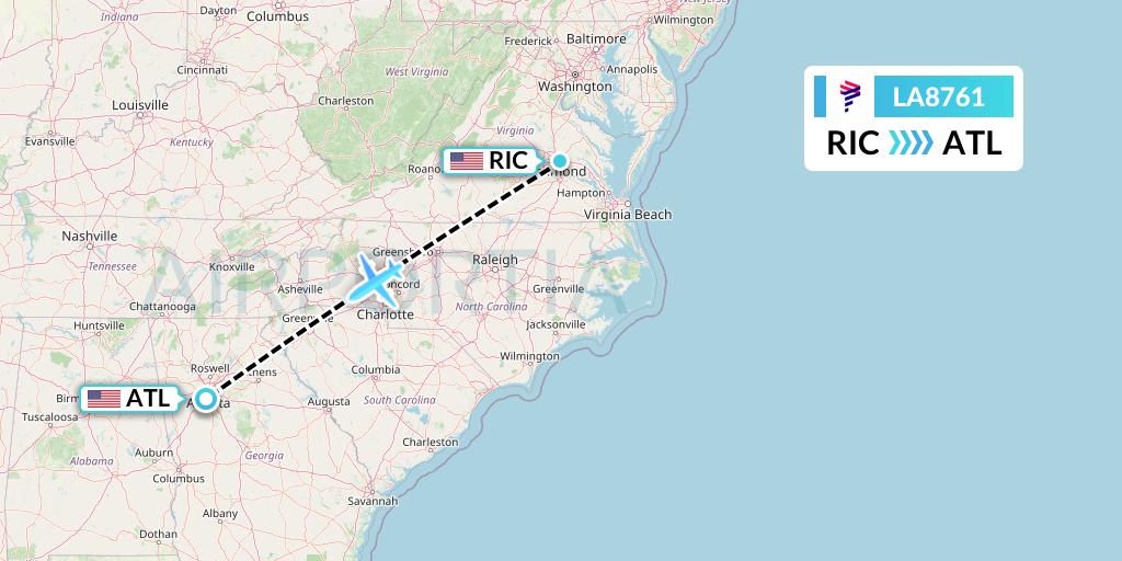LA8761 LAN Airlines Flight Map: Richmond to Atlanta