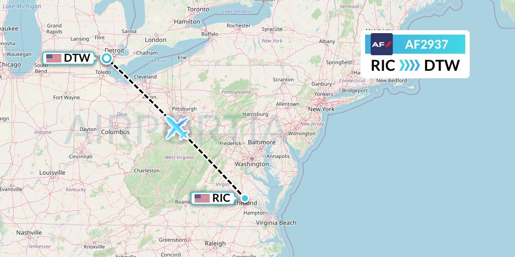 AF2937 Air France Flight Map: Richmond to Detroit