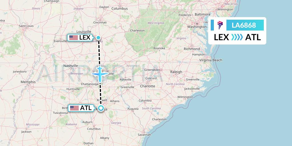 LA6868 LAN Airlines Flight Map: Lexington to Atlanta